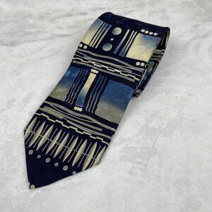 The Tie Man Men's Silk Geometric Pattern Navy Blue Tie 57.5x4